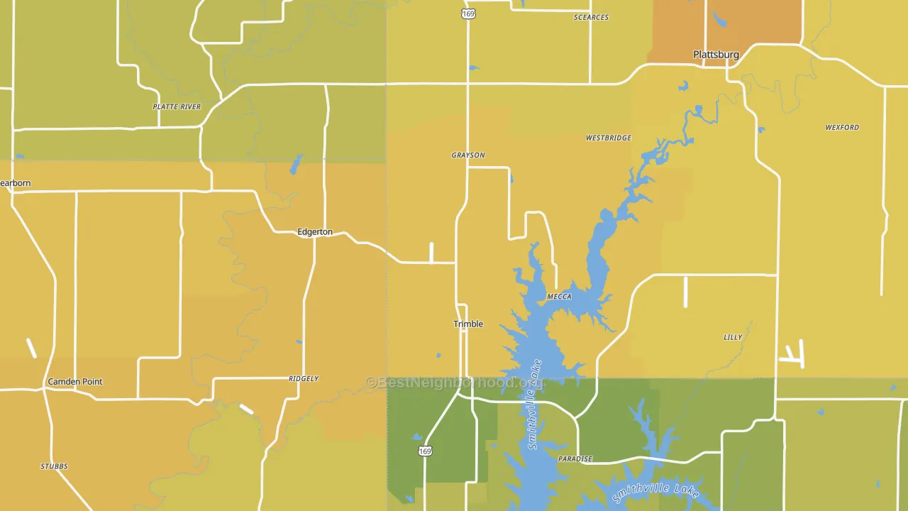 Map of the best neighborhoods in the Trimble area, with better matches in green and worse matches in red