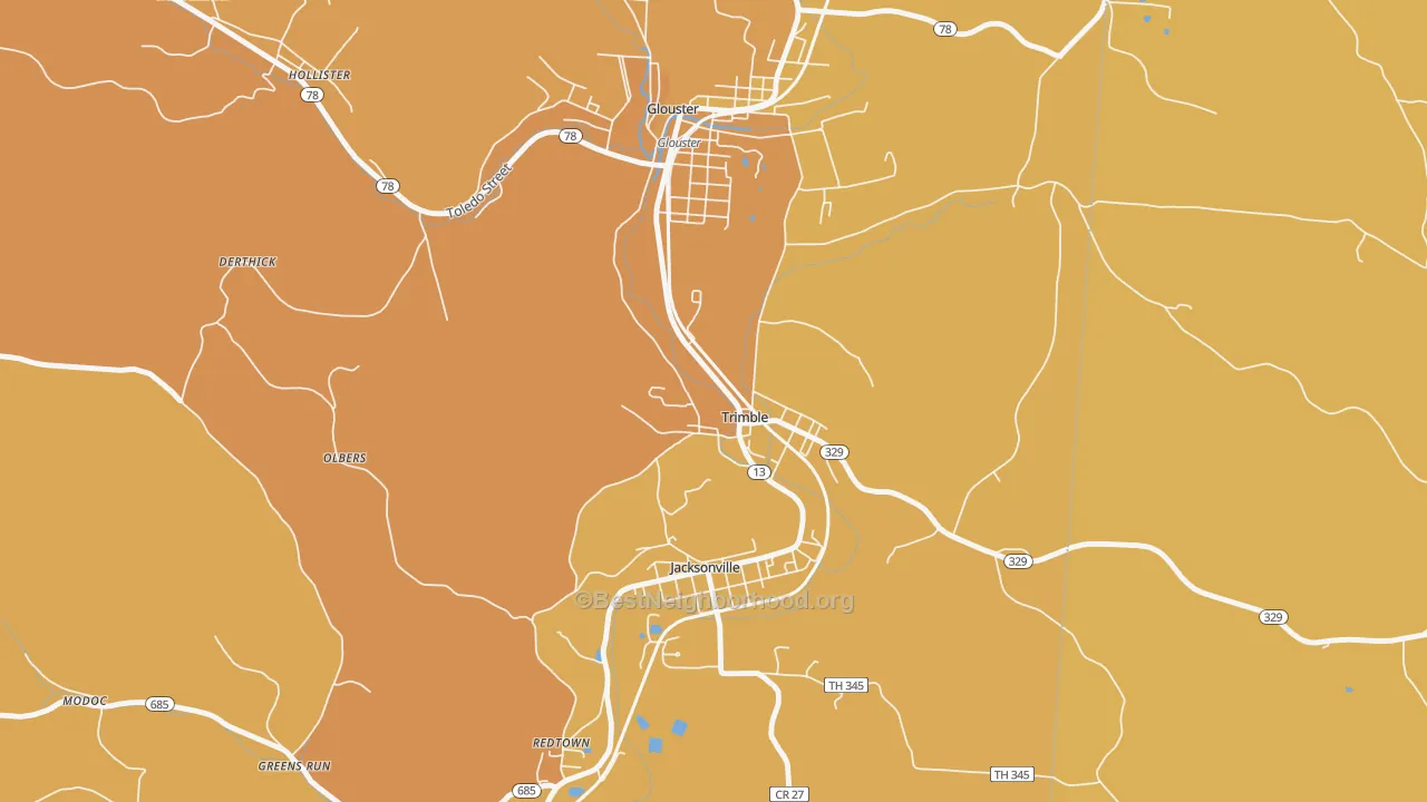 Map of the best neighborhoods in the Trimble area, with better matches in green and worse matches in red