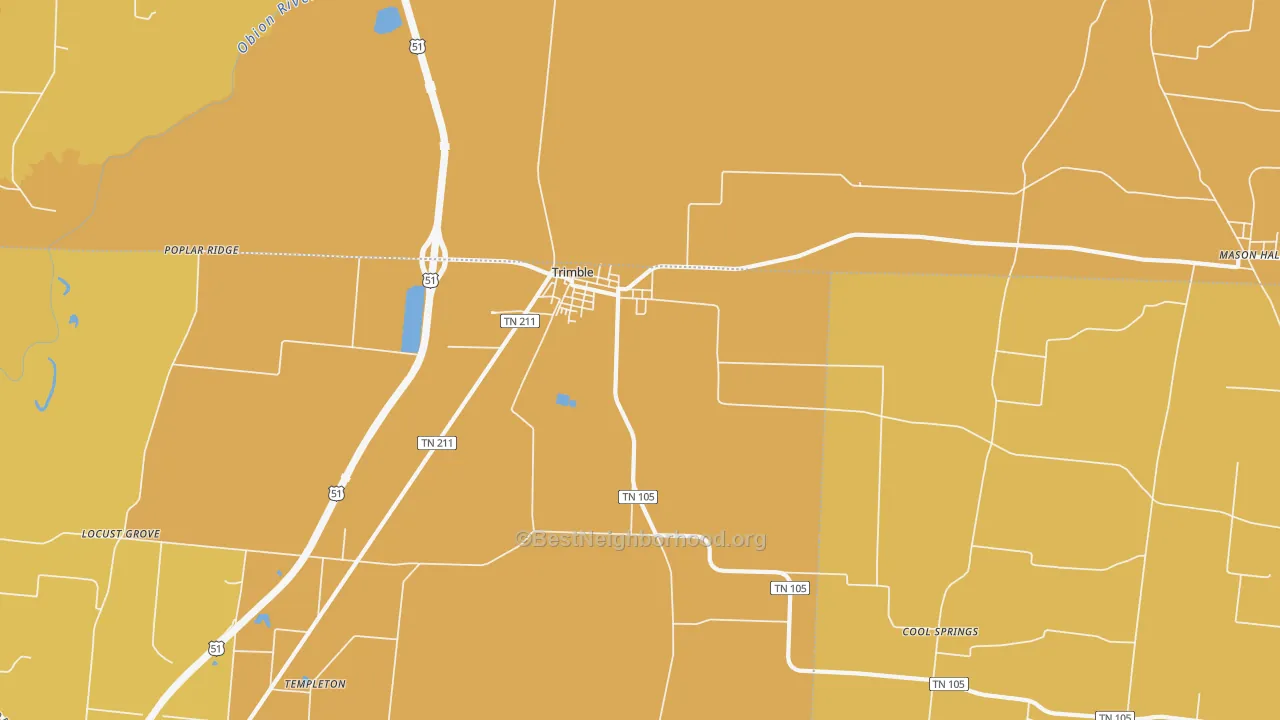 Map of the best neighborhoods in the Trimble area, with better matches in green and worse matches in red