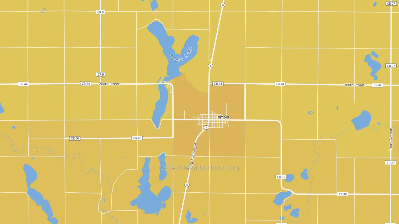 Map of the best neighborhoods in the Trimont area, with better matches in green and worse matches in red