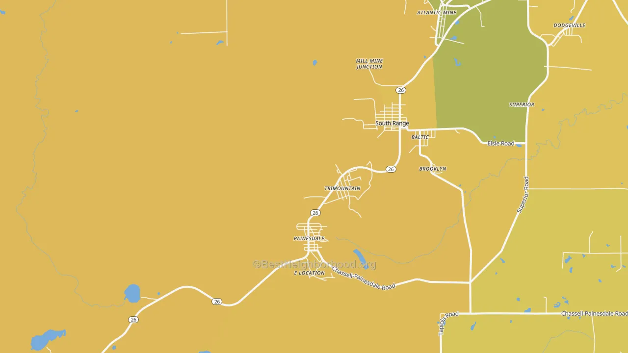Map of the best neighborhoods in the Trimountain area, with better matches in green and worse matches in red