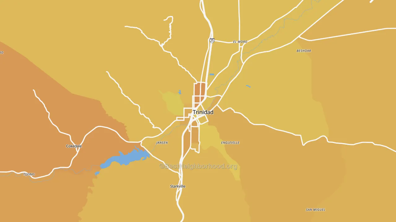 Map of the best neighborhoods in the Trinidad area, with better matches in green and worse matches in red