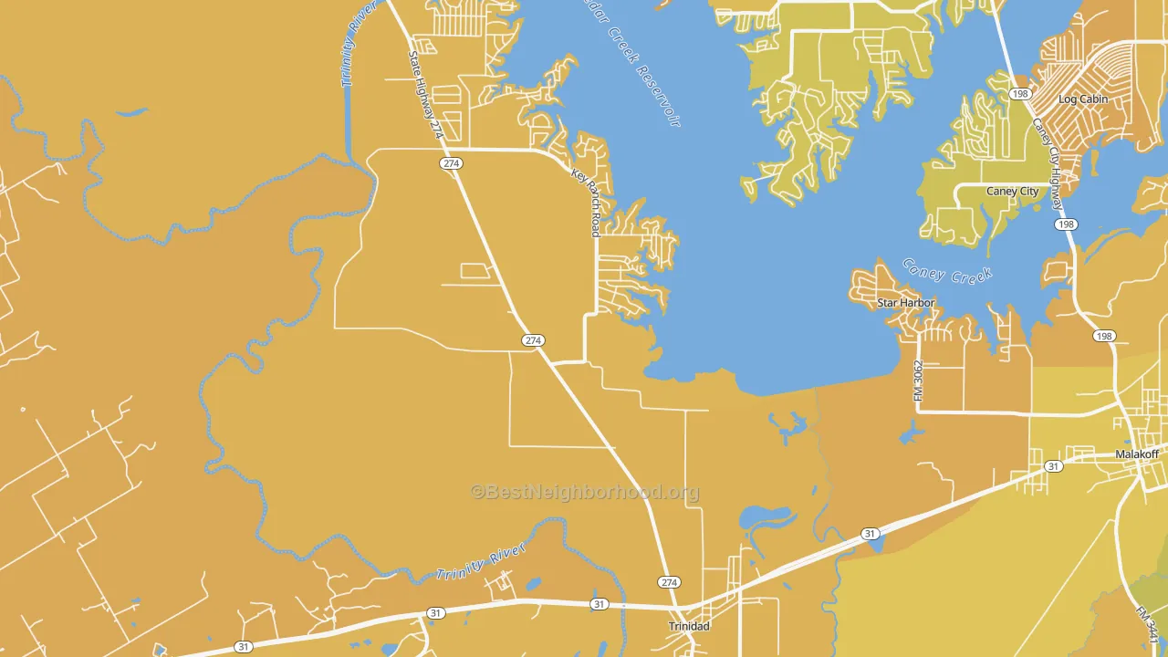 Map of the best neighborhoods in the Trinidad area, with better matches in green and worse matches in red