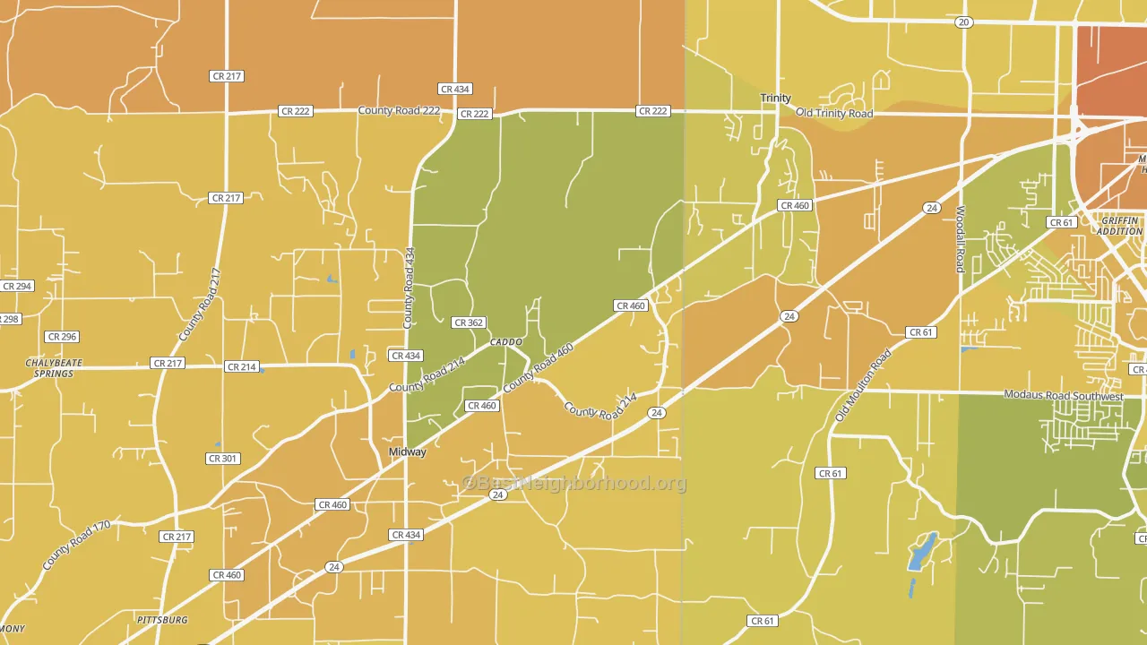 Map of the best neighborhoods in the Trinity area, with better matches in green and worse matches in red