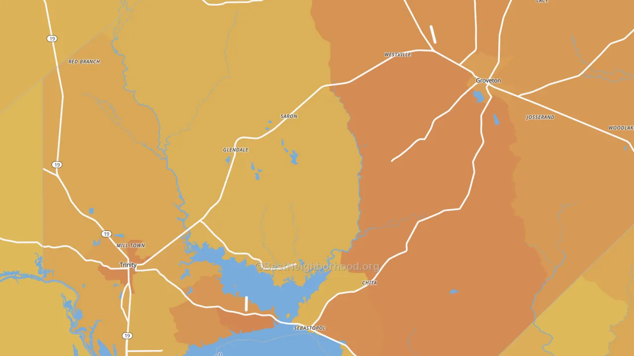 Map of the best neighborhoods in the Trinity County area, with better matches in green and worse matches in red