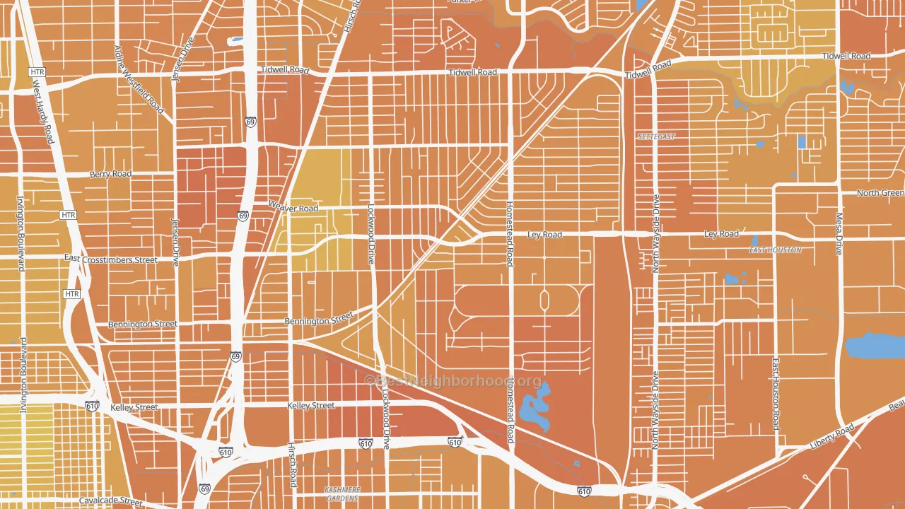 Map of the best neighborhoods in the Trinity-Houston Gardens, Houston area, with better matches in green and worse matches in red