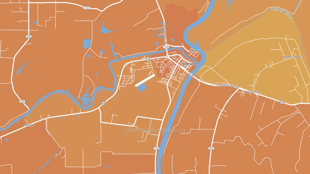 Map of the best neighborhoods in the Trinity area, with better matches in green and worse matches in red