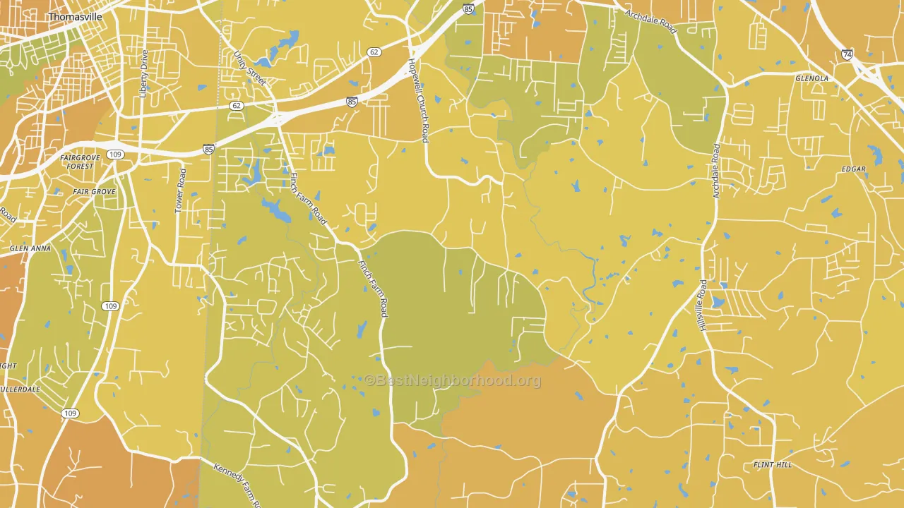 Map of the best neighborhoods in the Trinity area, with better matches in green and worse matches in red