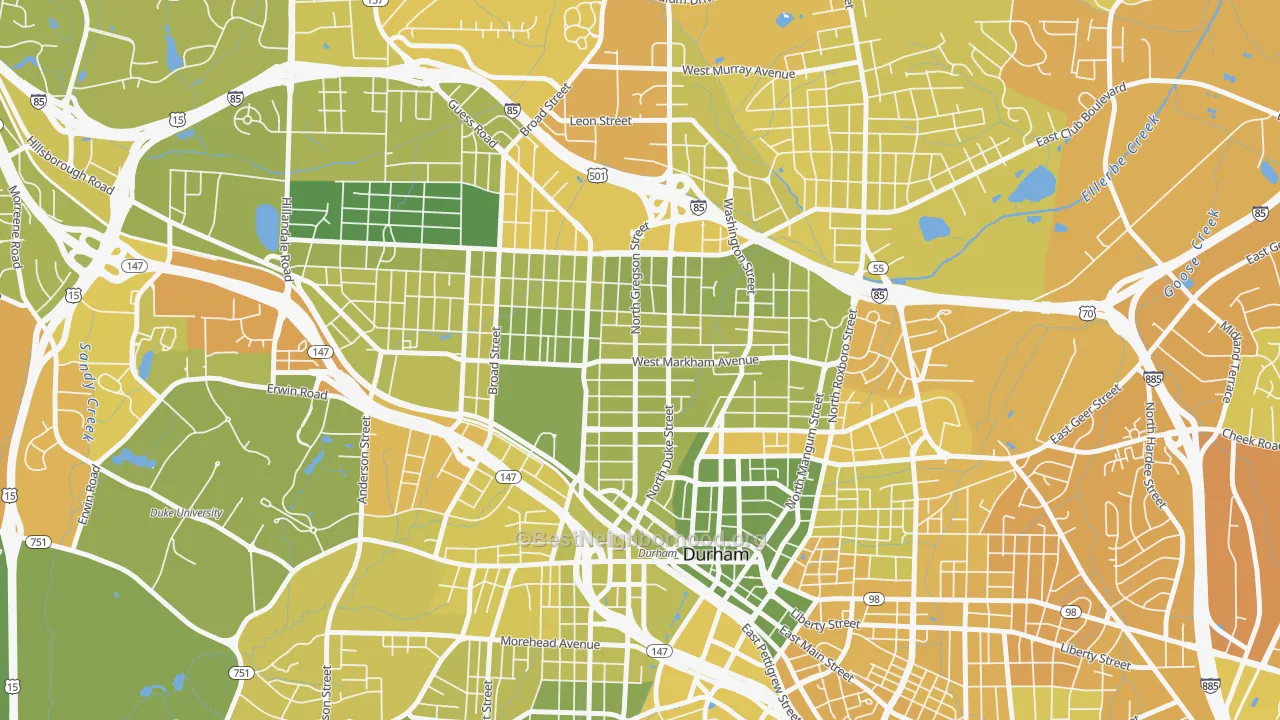Map of the best neighborhoods in the Trinity Park, Durham area, with better matches in green and worse matches in red
