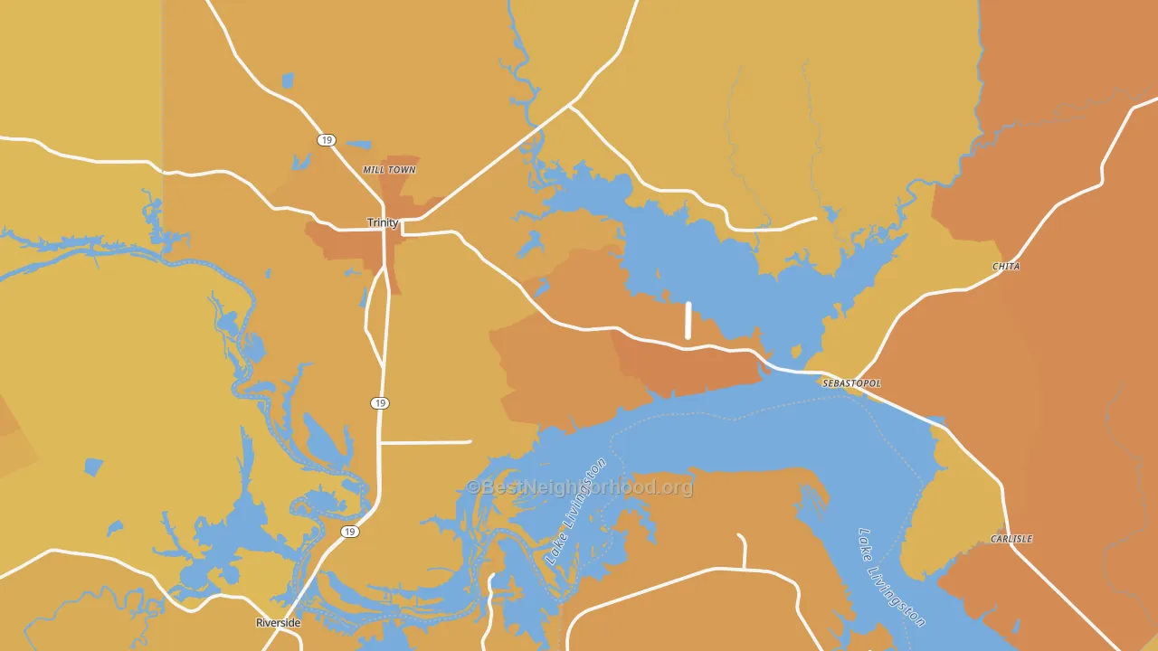Map of the best neighborhoods in the Trinity area, with better matches in green and worse matches in red