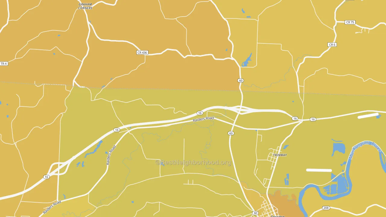 Map of the best neighborhoods in the Trinway area, with better matches in green and worse matches in red