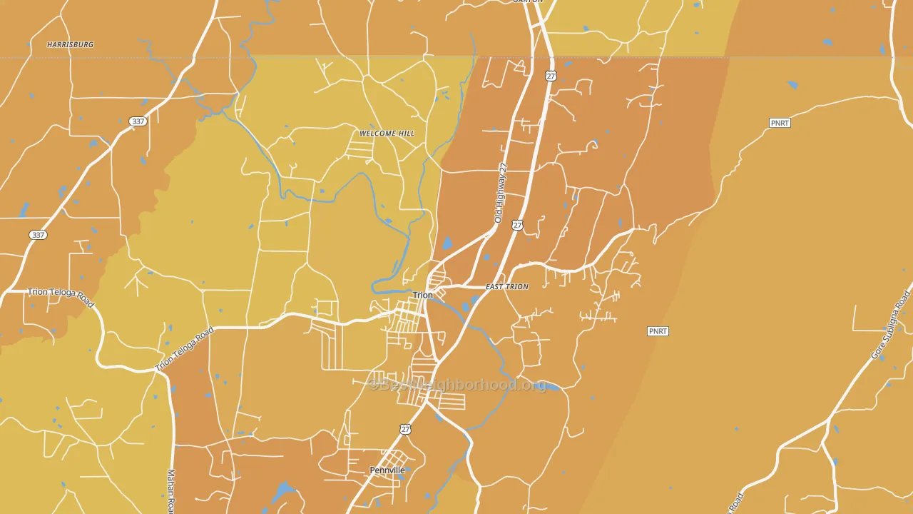 Map of the best neighborhoods in the Trion area, with better matches in green and worse matches in red