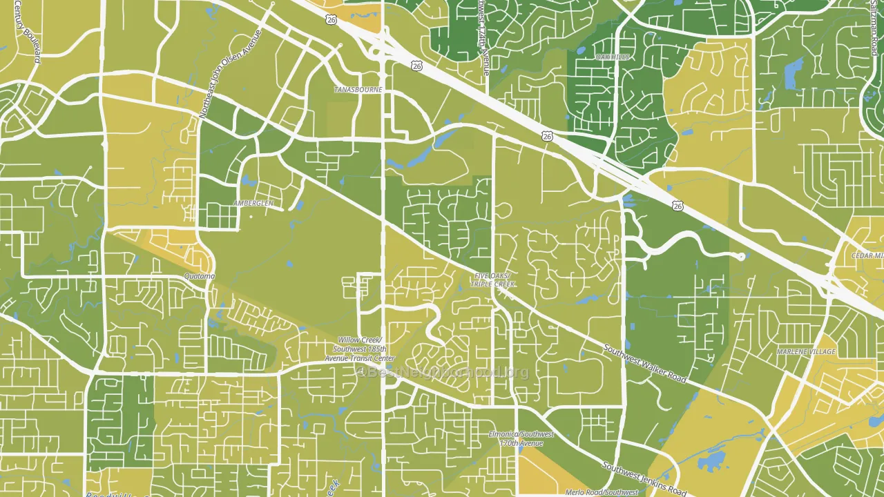 Map of the best neighborhoods in the Triple Creek, Beaverton area, with better matches in green and worse matches in red