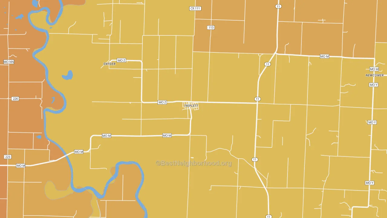 Map of the best neighborhoods in the Triplett area, with better matches in green and worse matches in red