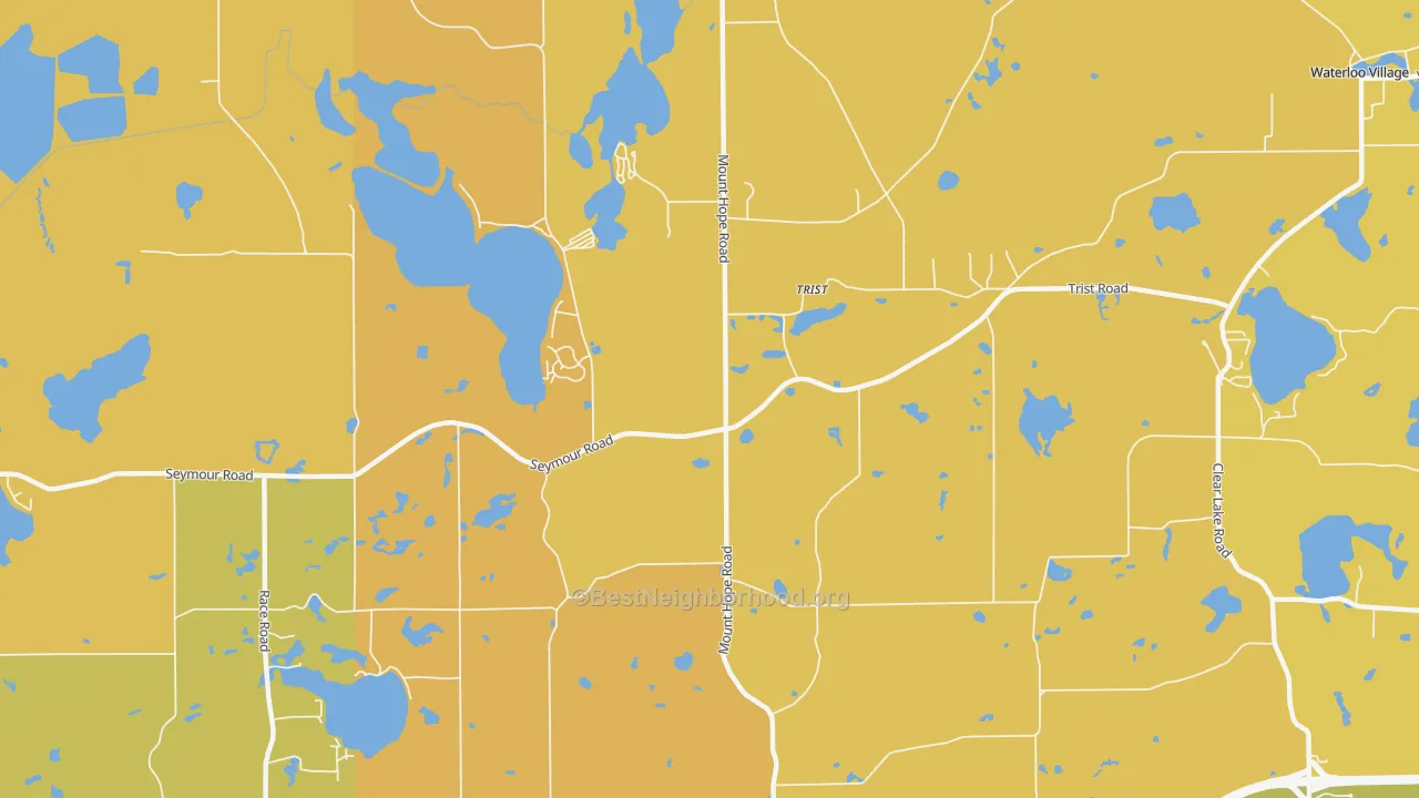 Map of the best neighborhoods in the Trist area, with better matches in green and worse matches in red