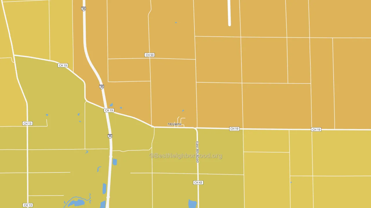 Map of the best neighborhoods in the Triumph area, with better matches in green and worse matches in red