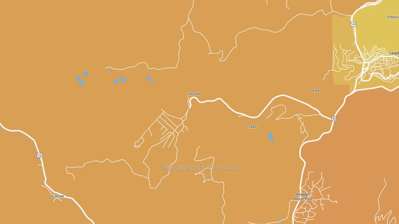 Map of the best neighborhoods in the Trojan area, with better matches in green and worse matches in red