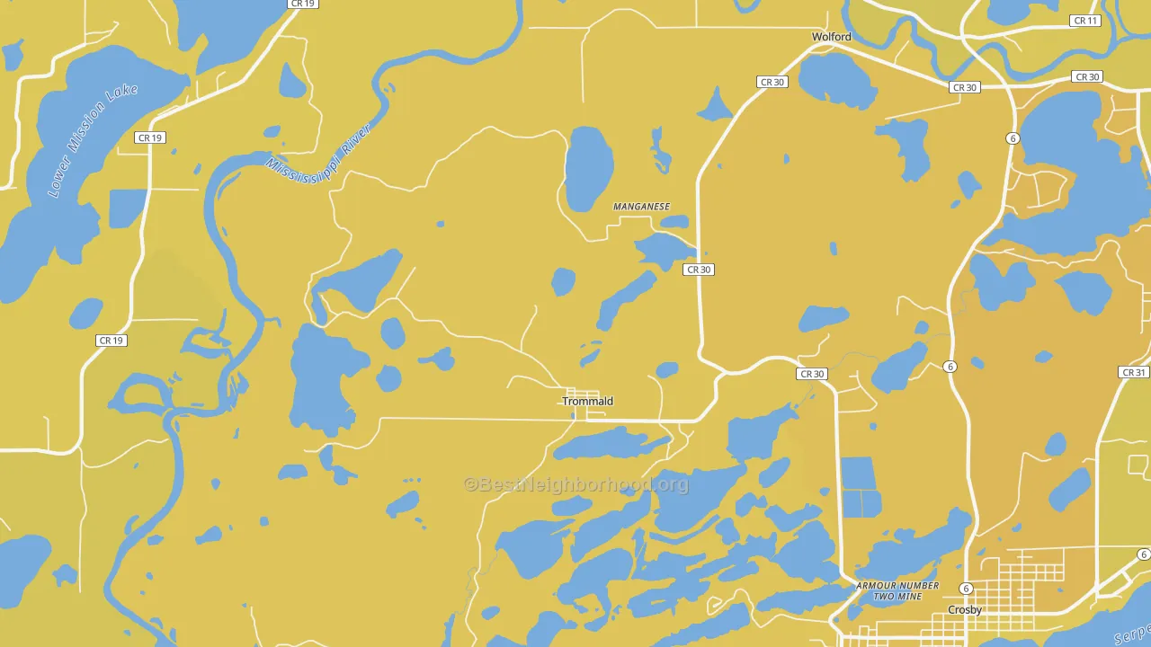 Map of the best neighborhoods in the Trommald area, with better matches in green and worse matches in red