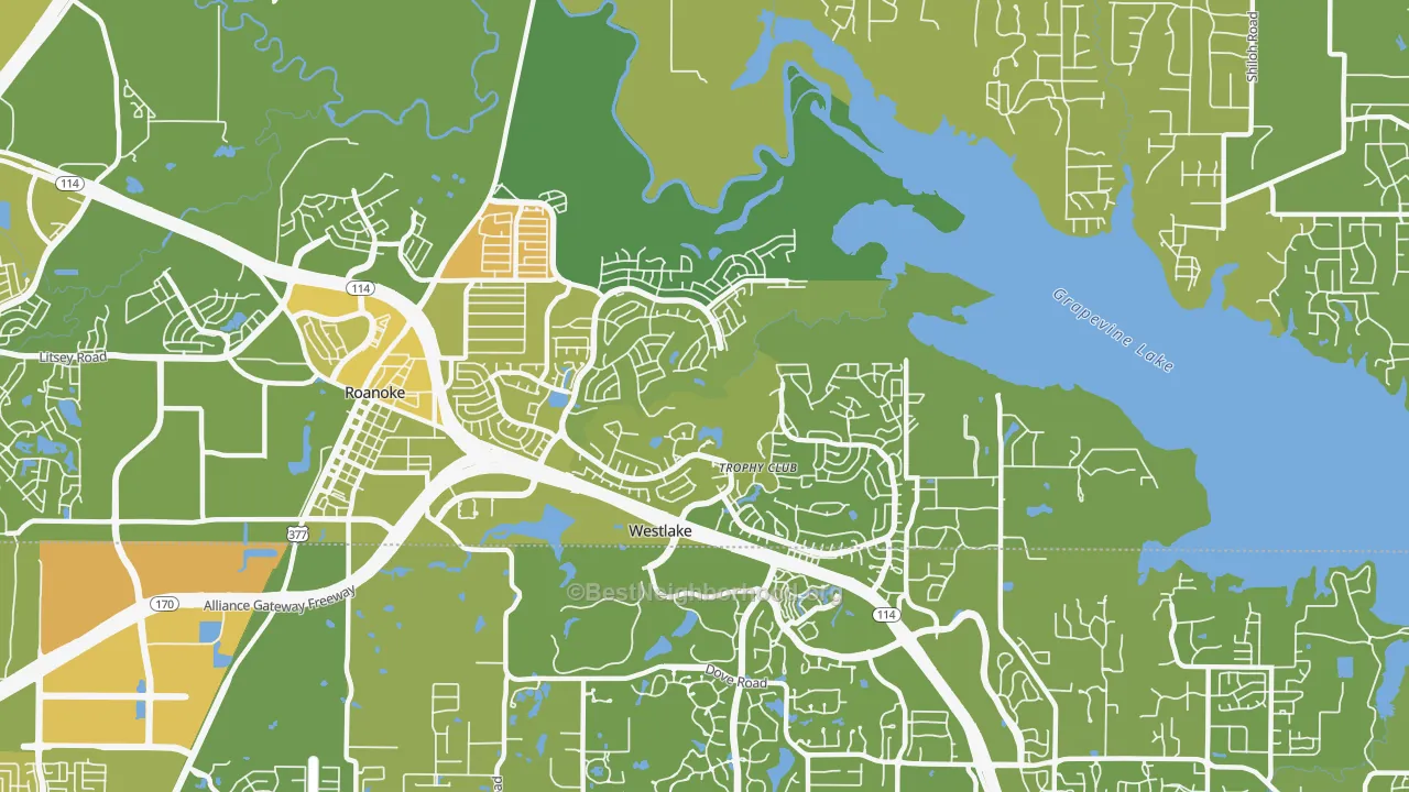 Map of the best neighborhoods in the Trophy Club area, with better matches in green and worse matches in red