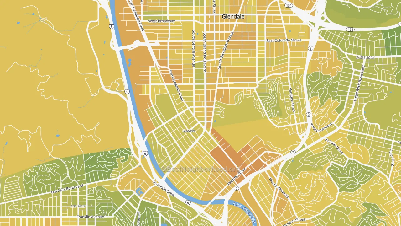 Map of the best neighborhoods in the Tropico, Glendale area, with better matches in green and worse matches in red