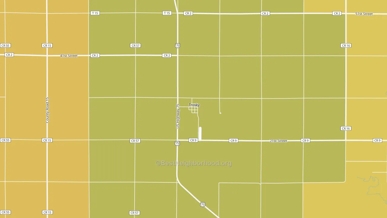 Map of the best neighborhoods in the Trosky area, with better matches in green and worse matches in red
