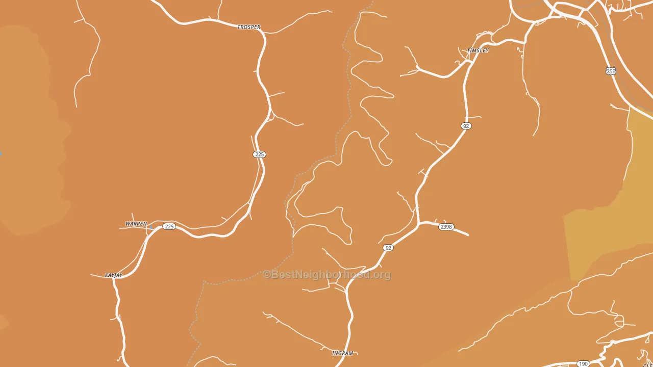 Map of the best neighborhoods in the Trosper area, with better matches in green and worse matches in red