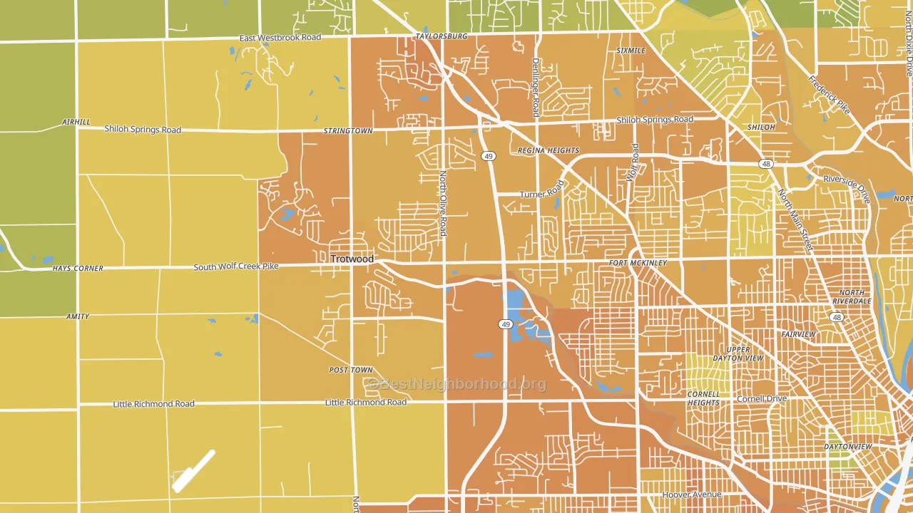 Map of the best neighborhoods in the Trotwood area, with better matches in green and worse matches in red