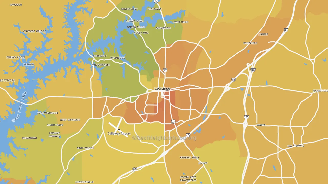 Map of the best neighborhoods in the Troup County area, with better matches in green and worse matches in red