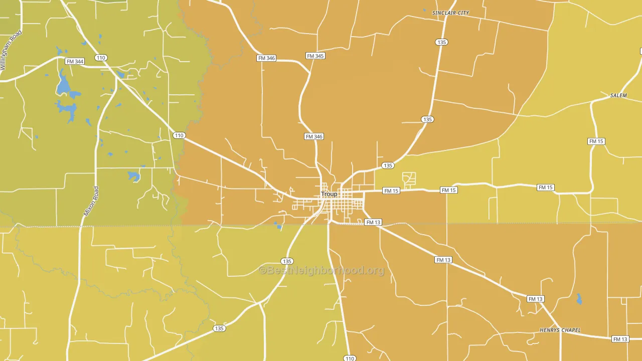 Map of the best neighborhoods in the Troup area, with better matches in green and worse matches in red