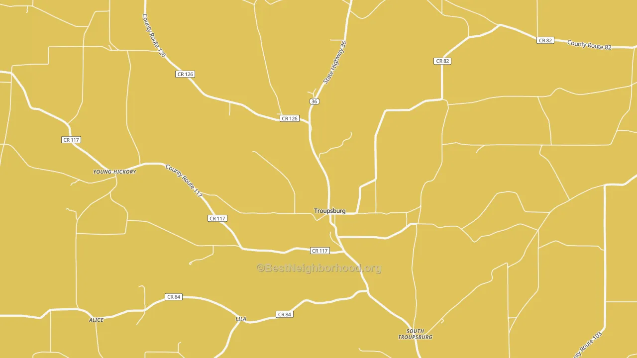 Map of the best neighborhoods in the Troupsburg area, with better matches in green and worse matches in red