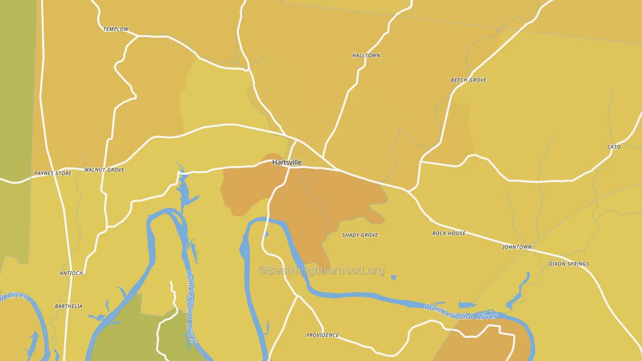 Map of the best neighborhoods in the Trousdale County area, with better matches in green and worse matches in red