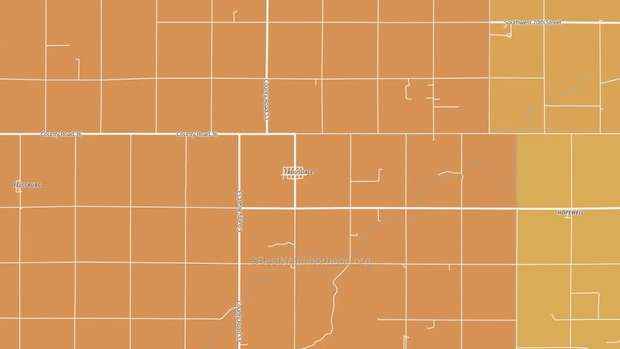 Map of the best neighborhoods in the Trousdale area, with better matches in green and worse matches in red