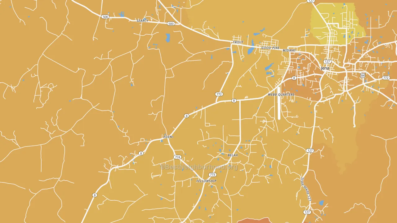 Map of the best neighborhoods in the Trout area, with better matches in green and worse matches in red