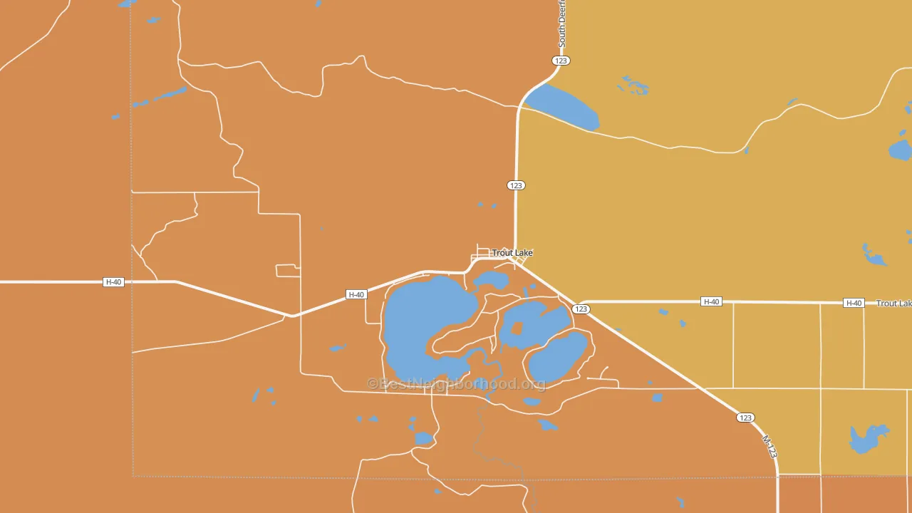 Map of the best neighborhoods in the Trout Lake area, with better matches in green and worse matches in red