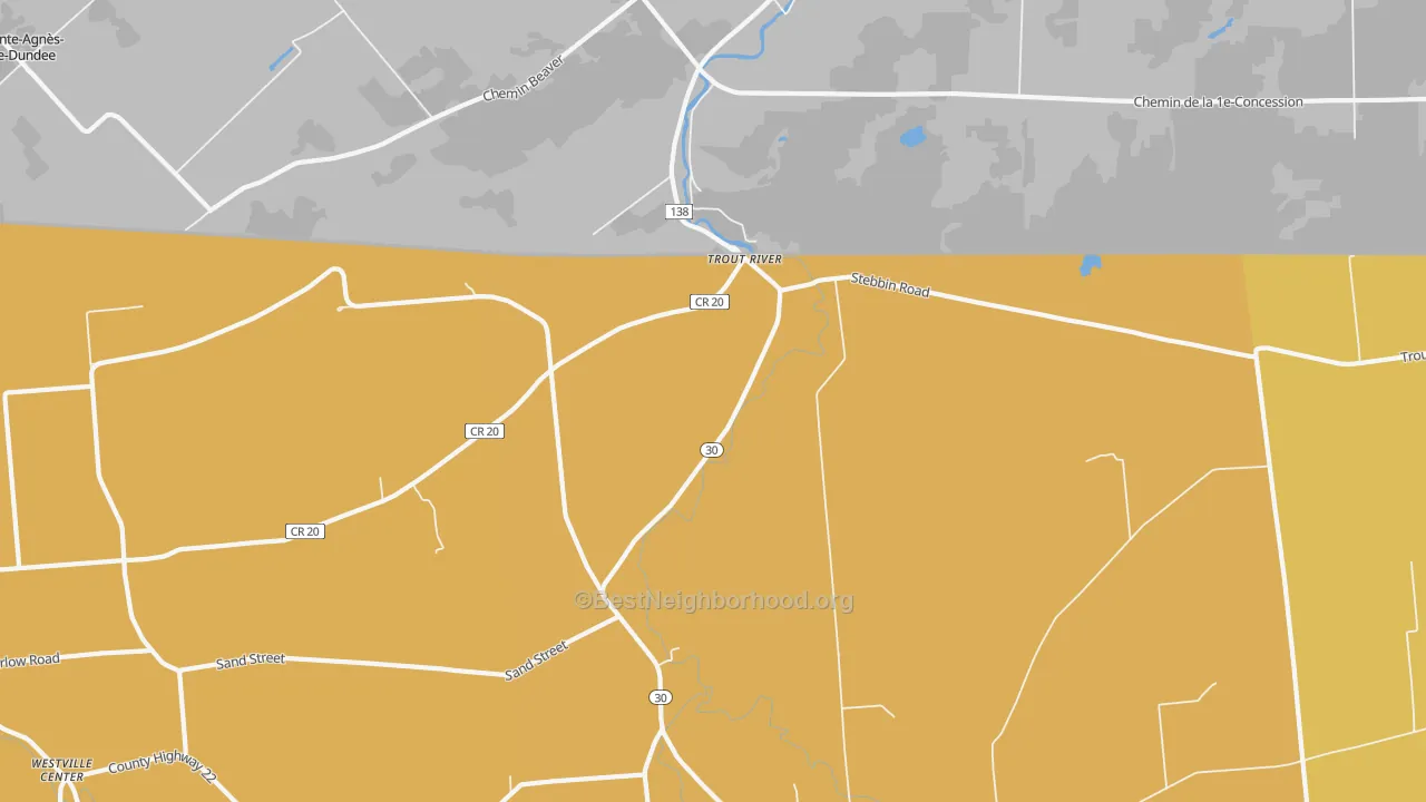 Map of the best neighborhoods in the Trout River area, with better matches in green and worse matches in red