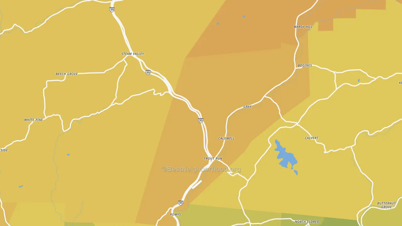 Map of the best neighborhoods in the Trout Run area, with better matches in green and worse matches in red
