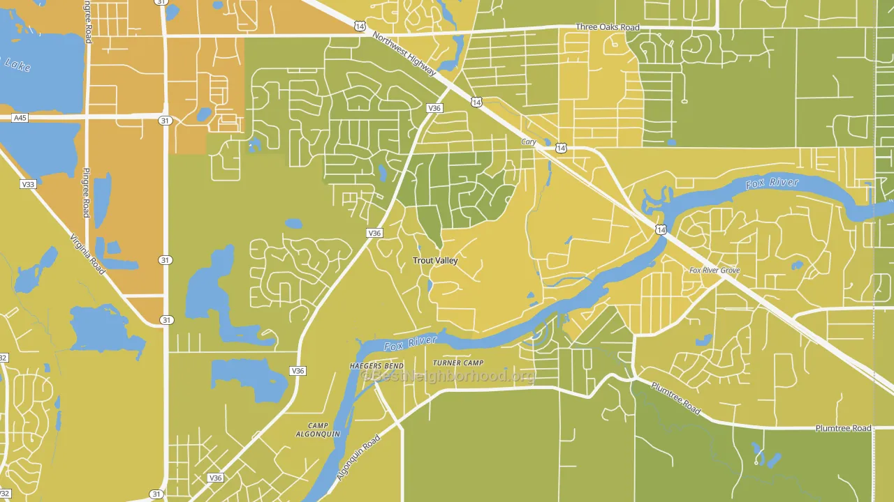 Map of the best neighborhoods in the Trout Valley area, with better matches in green and worse matches in red