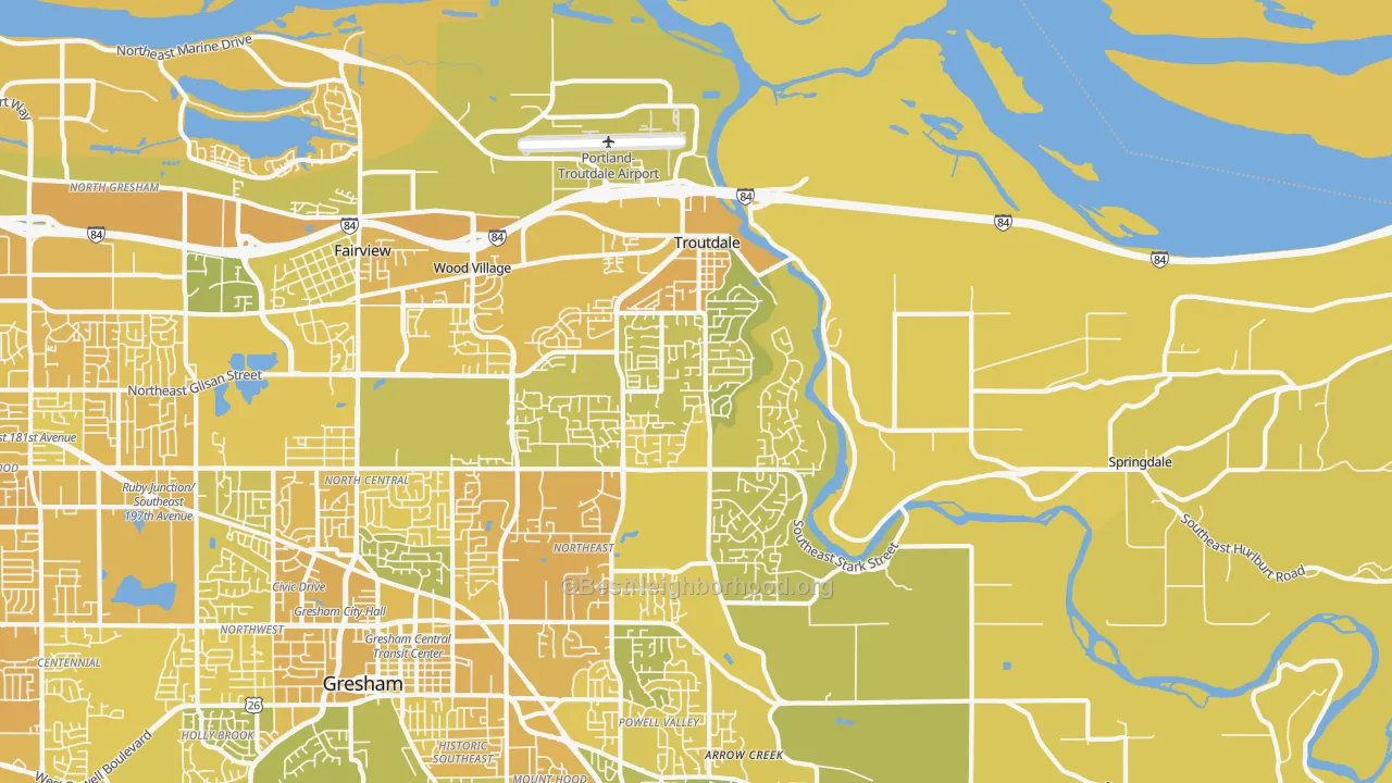 Map of the best neighborhoods in the Troutdale area, with better matches in green and worse matches in red