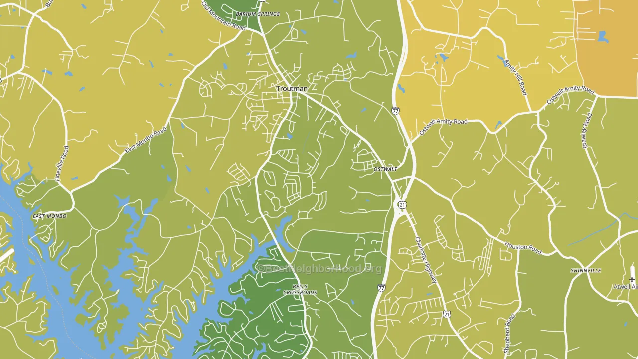 Map of the best neighborhoods in the Troutman area, with better matches in green and worse matches in red