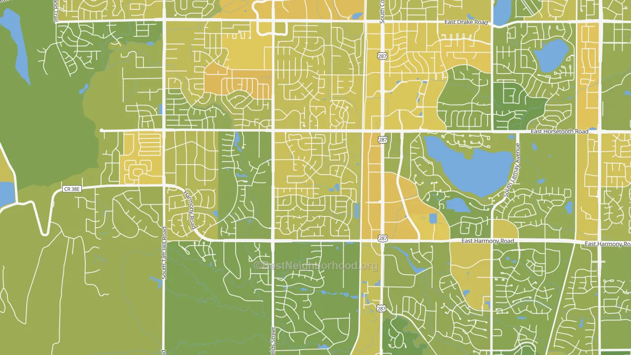Map of the best neighborhoods in the Troutman Park, Fort Collins area, with better matches in green and worse matches in red