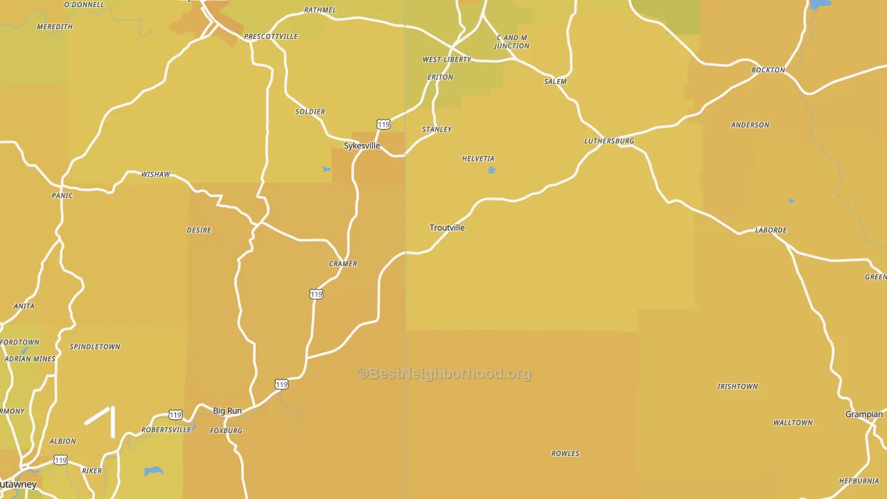 Map of the best neighborhoods in the Troutville area, with better matches in green and worse matches in red