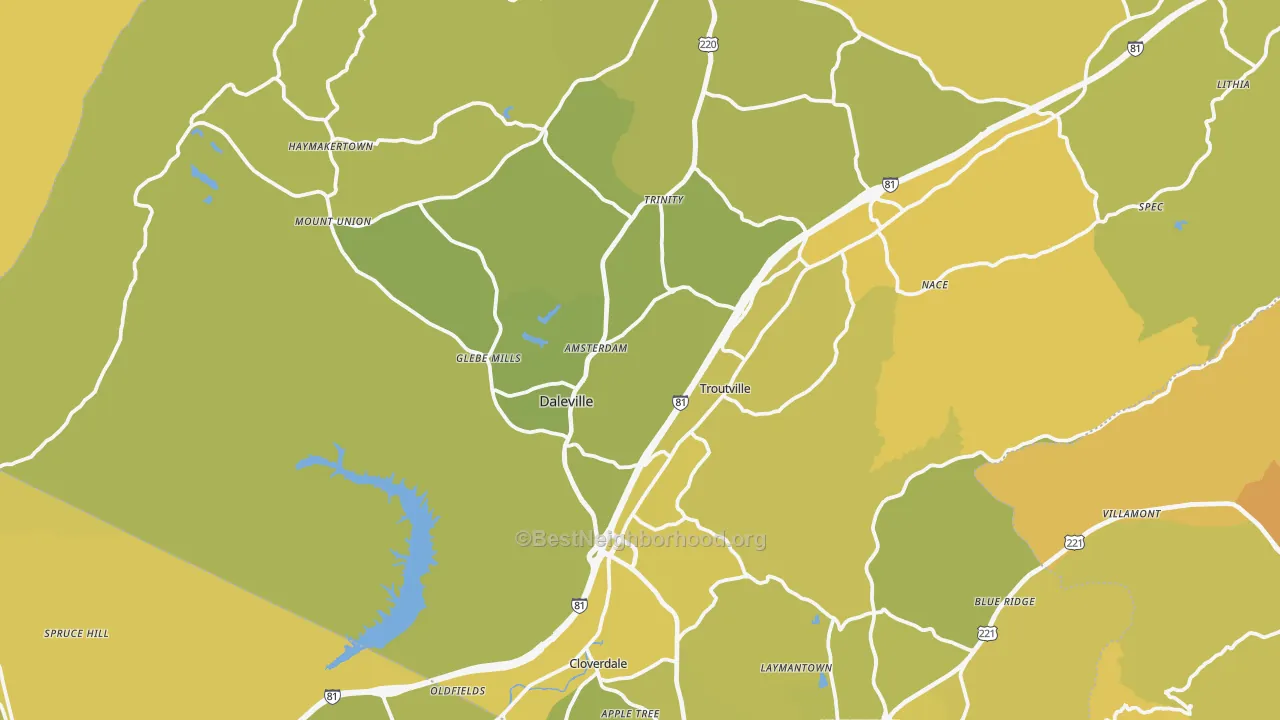 Map of the best neighborhoods in the Troutville area, with better matches in green and worse matches in red