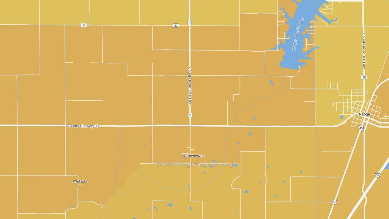 Map of the best neighborhoods in the Trowbridge area, with better matches in green and worse matches in red