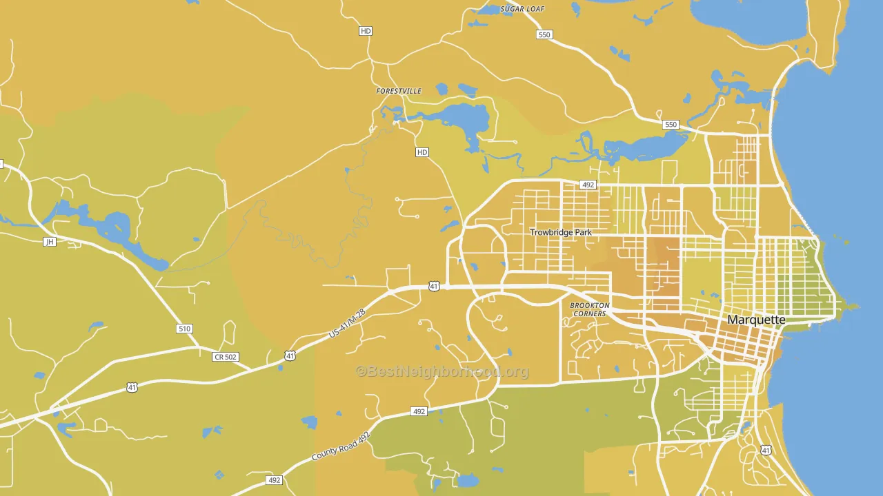 Map of the best neighborhoods in the Trowbridge Park area, with better matches in green and worse matches in red