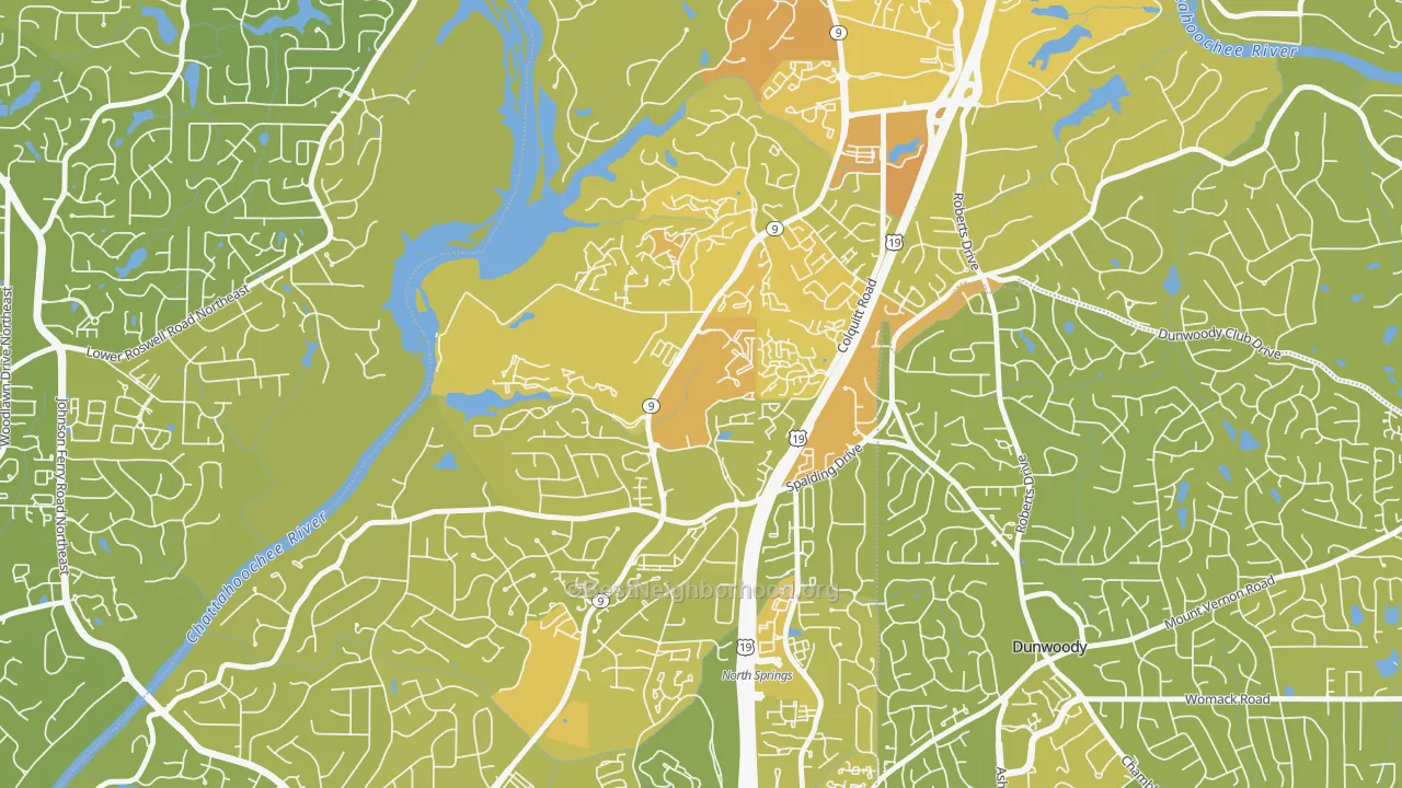 Map of the best neighborhoods in the Trowbridge Square, Sandy Springs area, with better matches in green and worse matches in red