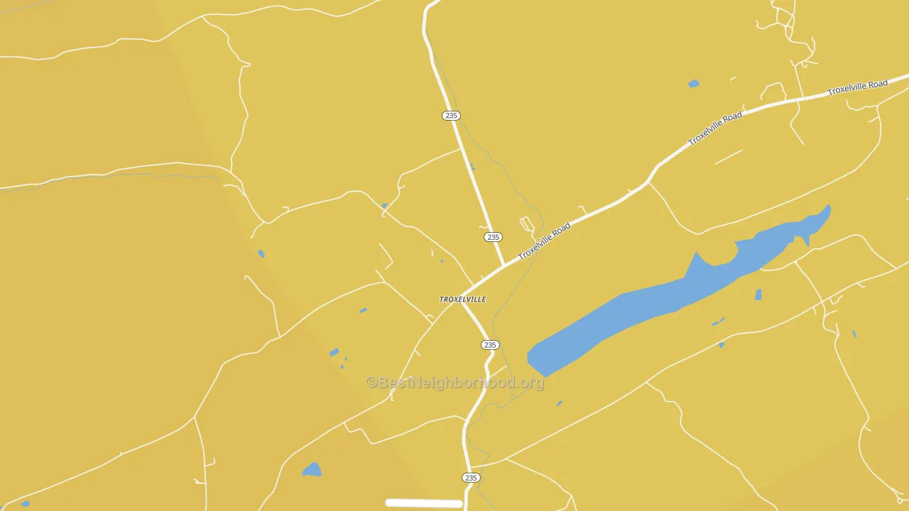 Map of the best neighborhoods in the Troxelville area, with better matches in green and worse matches in red