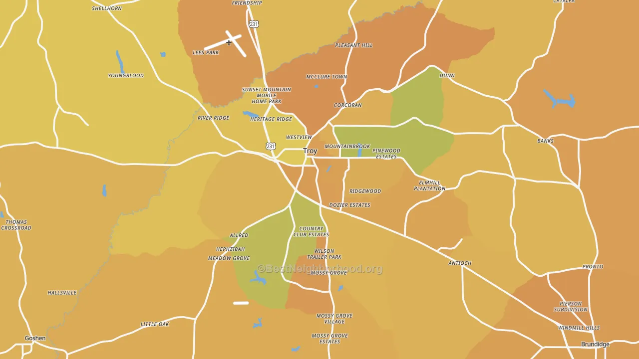 Map of the best neighborhoods in the Troy area, with better matches in green and worse matches in red