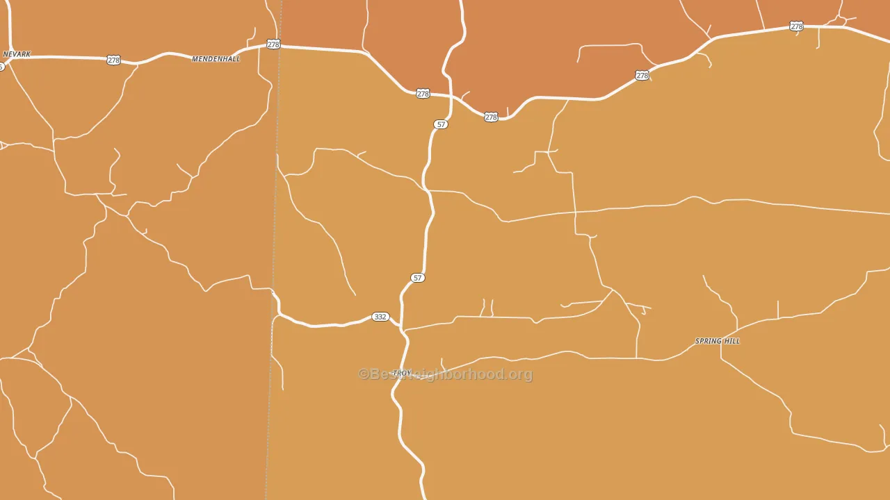Map of the best neighborhoods in the Troy area, with better matches in green and worse matches in red
