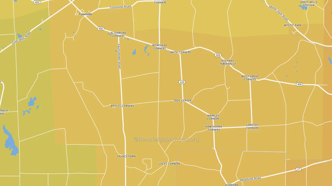 Map of the best neighborhoods in the Troy Center area, with better matches in green and worse matches in red