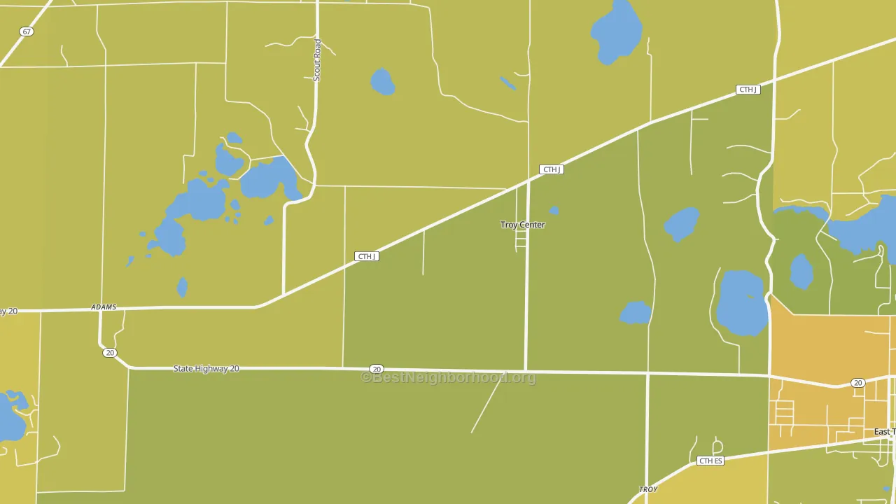 Map of the best neighborhoods in the Troy Center area, with better matches in green and worse matches in red